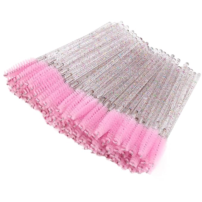 BTYMS 100 Pieces Crystal Eyelash Mascara Brushes Spoolie Brush Lash Wands Applicator Disposable Eyebrow - Light Pink