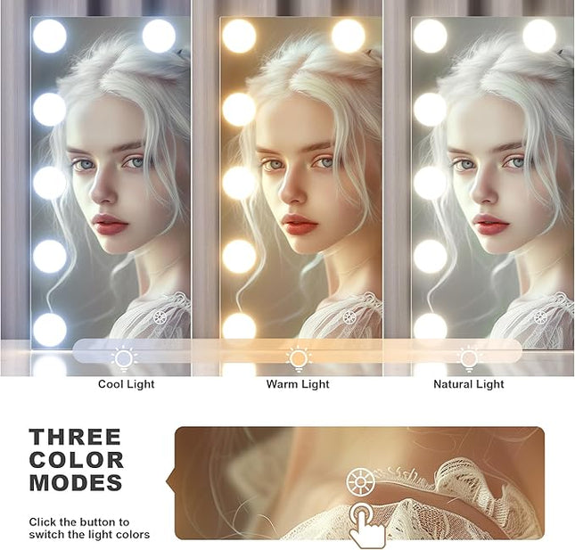 Hasipu Vanity Mirror with Lights, 9.8" x 13.8" Hollywood Mirror with 9 Dimmable Bulbs,Smart Touch 3 Color Modes, 360° Rotation, White