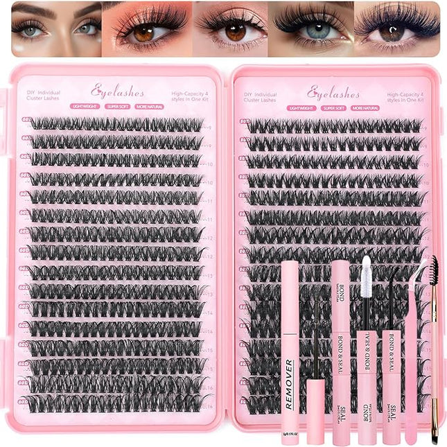 Lash Clusters Kit, 640 Pcs Eyelashes Clusters Extensions Kit 9-16mm Individual Lashes D Curl Fluffy Wispy False Eyelashes Thin Band, with Bond Seal Remover Tweezers Brush DIY (60D+80D Kit 9-16mm)