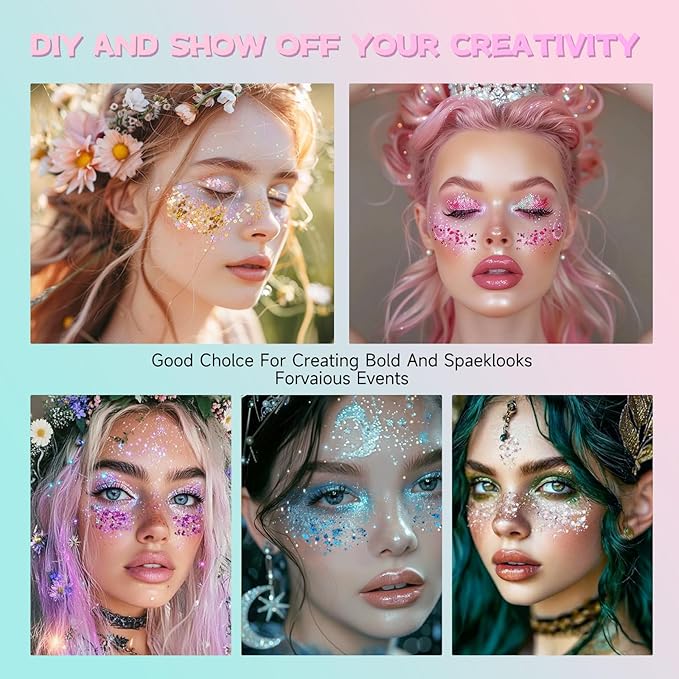 Gold Body Glitter Gel,Face Hair Glitter Makeup,Music Festival Concert Outfit Rave Pride Accessories for Women,Mermaid Sequins Chunky Glitter Face Paint,Hair Glitter Gel for Halloween