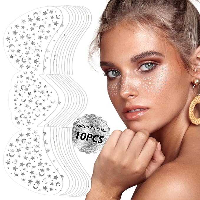 10 Sheets Glitter Freckle Tattoo, Silver Glitter Face Makeup Speckles, Eyes Makeup Accessories Temporary Tattoo for Women and Girls, Cosmetic Freckle for Face
