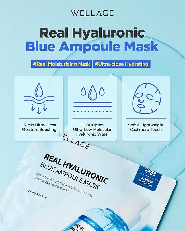 WELLAGE Real Hyaluronic Blue Ampoule Face Mask - Korean Hydratig Mask Moisture Boost with 10,000ppm Ultra-Low Molecular Hyaluronic Acid - Soft Vegan Cashmere Sheet for Sensitive Skin, 5 Sheets