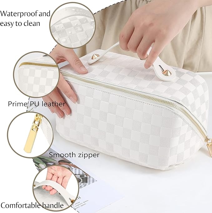 Checkered Travel Makeup Bags Cosmetic Organizer Bag: 2-Set Large Capacity Waterproof Makeup Bag - PU Leather Toiletry Bag for Women - Wide Open Portable Pouch with Handle and Divider (WHITE)