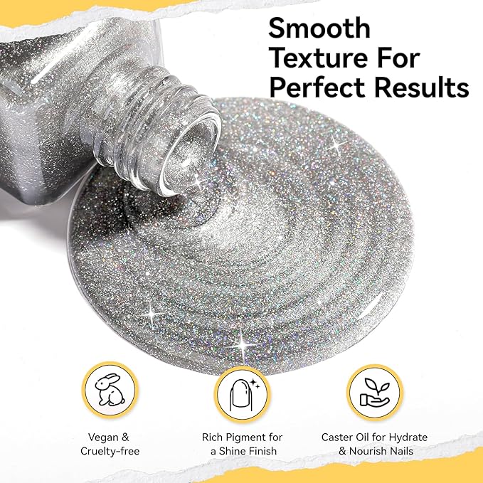 Silver Sparkle Nail Polish Oil-Based Glitter Rainbow Sparkly Regular Nail Polish Fast Air Dry Nail Lacquer Vegan Toe Fingernail Polish Nails Art DIY Home Travel Manicure Gift for Girls Women