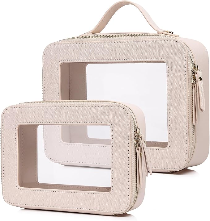 Pinkmik Clear Makeup Bag for Women Waterproof Travel Cosmetics and Toiletries Case Portable Makeup Oaganizer Bag Clear Car Bag with Zipper (Beige, M+L)