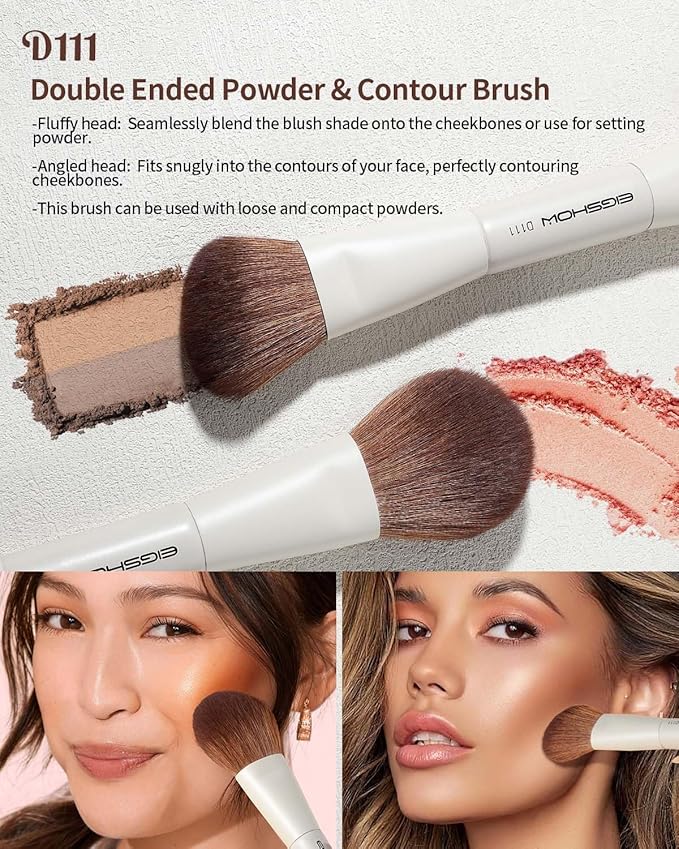 EIGSHOW Makeup Brush Set, 3Pcs Double Ended Face Makeup Brushes for Foundation Powder Contour Highlight Concealer Nose Shadow, Travel Gift Set (Beige)