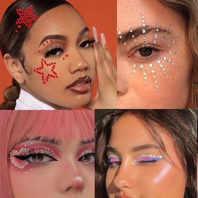 7 Sheets Self-Adhesive Face Gems Rhinestones, Sparkling Body Jewels for Eye Makeup and Skin, y2k Festival Star Stickers for Women Girls with Black Tweezers