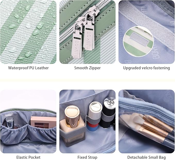 BOYATU Travel Makeup Bag for Women: Large Cosmetic Bag Set of 3 - PU Leather Make up Bag with Compartments - Compact Waterproof Toiletry Bag with Divider & Handle (A-05Green)