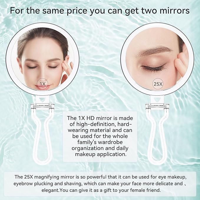 B Beauty Planet 25X Magnifying Mirror, 5-Inch Double-Sided Handheld Mirror with Adjustable Stand, Ideal for Travel and Daily Makeup Application