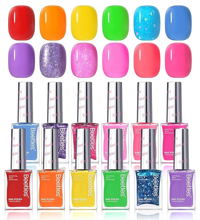 Beetles Glitter Neon Nail Polish Set - 12 Colors Hot Pink Blue Purple Rainbow Rright Glitter Nail Polish Set, Air Quick Dry DIY Fingernail Art Set Salon Home Gift