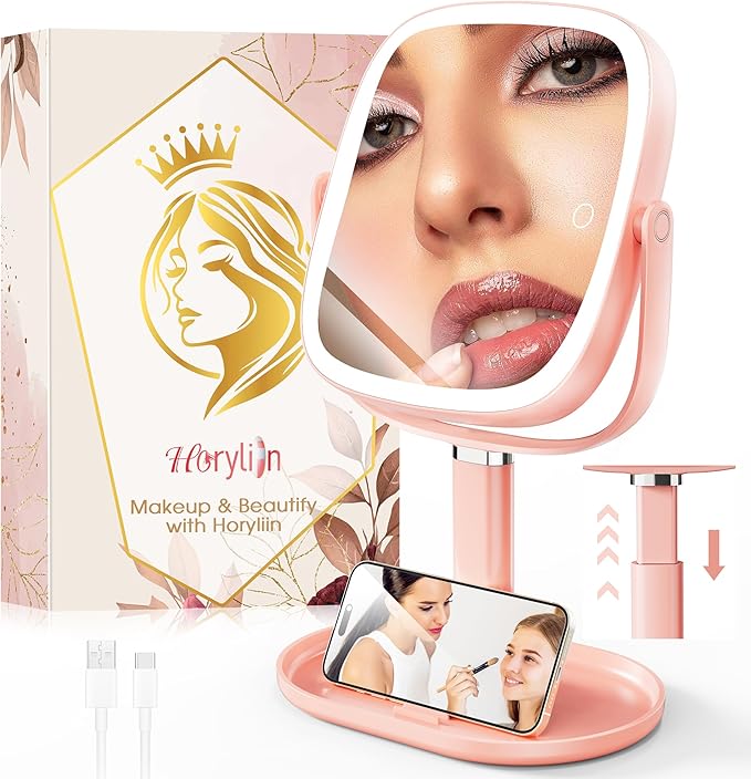 Makeup Mirror with Lights - 10x/1x Magnifying Mirror with Light, Rechargeable Desk Mirror with 3-Color Lighting & Memory Function, 360° Adjustable Table Mirror, Gift for Women (Pink)