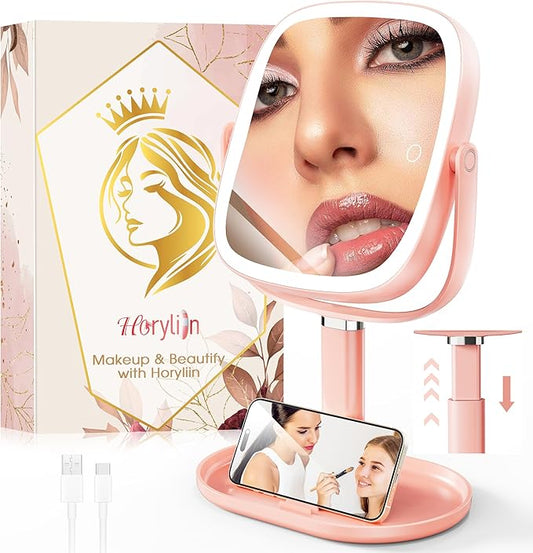 Makeup Mirror with Lights - 10x/1x Magnifying Mirror with Light, Rechargeable Desk Mirror with 3-Color Lighting & Memory Function, 360° Adjustable Table Mirror, Gift for Women (Pink)