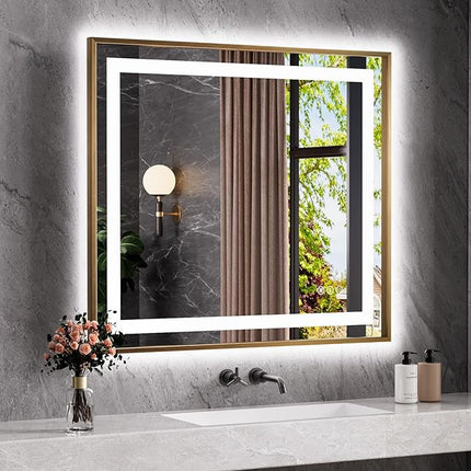 Amorho 40"X36" LED Bathroom Mirror, Gold Metal Framed Mirror with Front Light and Backlit, Stepless Dimmable, Anti-Fog, Shatter-Proof, Memory, 3 Colors