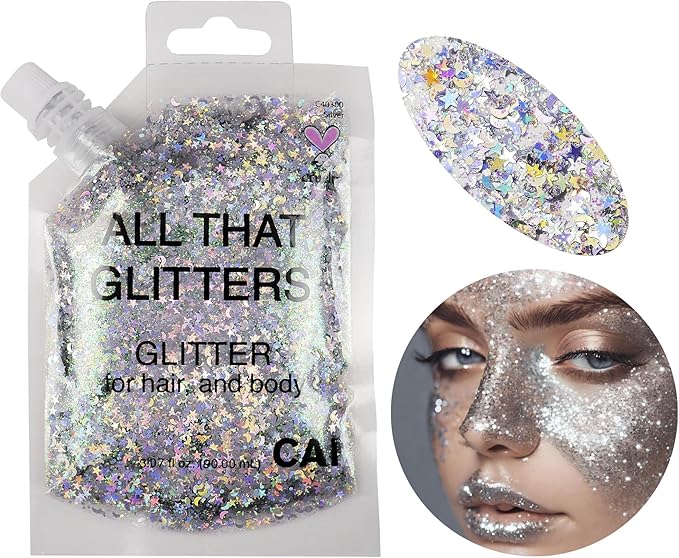 Face, Body & Hair Glitter Gel – Halloween Glitter for Kids and Women – 3 Oz Cosmetic-Grade Gel w/Moon & Stars for Festivals & Halloween Party, Easy Apply & Wash Off - Unicorn 6Pack