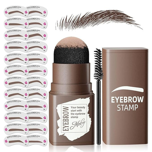 Eyebrow Stamp Stencil Kit - Eyebrow Powder with Brush Long-Lasting & Waterproof Brow Shaping Kit with 24 Reusable Thin & Thick Eyebrow Stencils for Natural Eyebrow Color (Dark Brown)