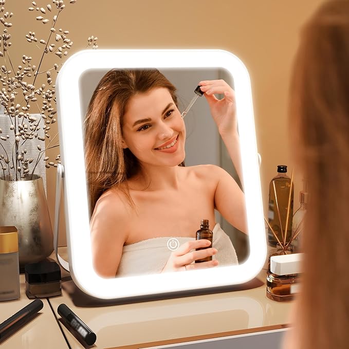 10"x8" Portable Lighted Makeup Mirror with 3-Color Dimmable LED, Touch Screen Vanity Mirror for Travel or Bedroom Desk (White)