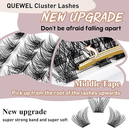 QUEWEL Cluster Lashes 72 Pcs Wide Stem Individual Lashes C/D Curl 8-16mm Length DIY Eyelash Extension False Eyelashes Soft for Personal Makeup Use at Home (honey01-C-14)