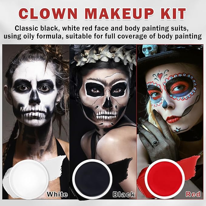Clown Makeup Kit,Red Black and White Face Painting Kit Professional,Clown Face Paint Halloween Makeup Kit with Brushes,Oil Based Body Paint for Adults,Joker Vampire Zombie Makeup
