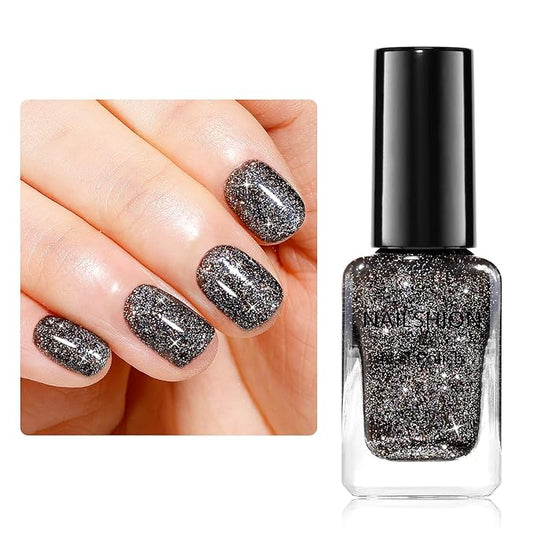 Black Glitter Nail Polish, Fast Air Drying Regular Nail Polish Rainbow Sparkly Shimmer Black Nail Lacquer, High Shine Toe Fingernail Polish, Nails Art Salon Manicure at Home Gift