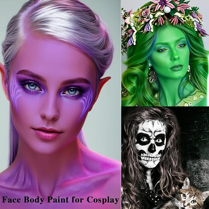 MEICOLY 3PCS Black Purple Lime Green Face Body Paint Stick Set,Face Paint for Halloween Cosplay Frankenstein,Ghost,Zombie SFX Character Makeup,Eye Black Stick Kit