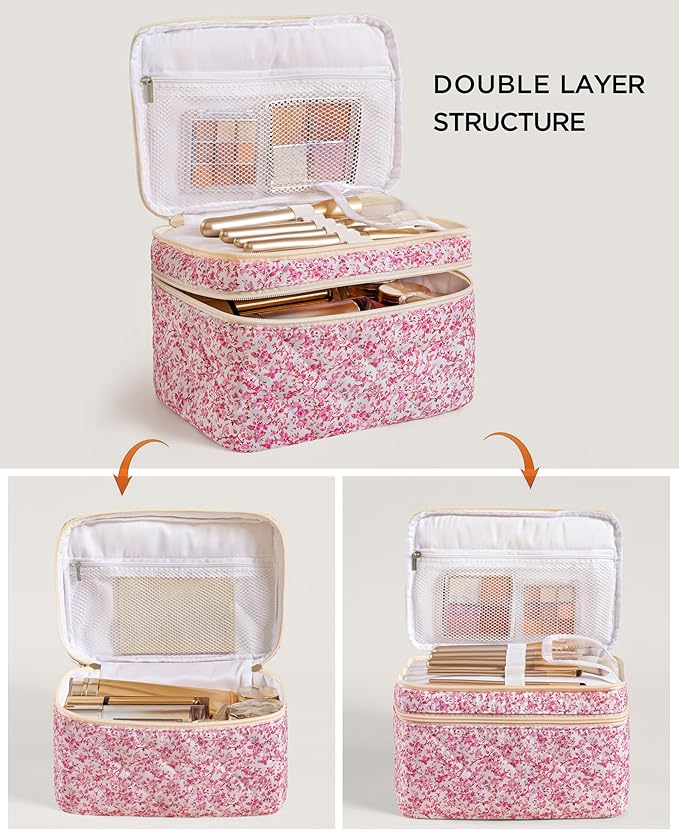 HBselect 2Pcs Travel Makeup Bag, Large Cotton Quilted Makeup Bag Cosmetic Bag Cute Make up Bag Toiletry Bags for Women Girls