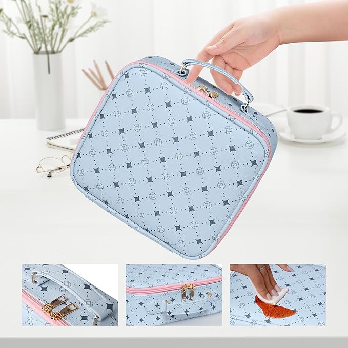 Travel Makeup Bag,Waterproof Cosmetic Organizer, Adjustable Dividers,Portability Cosmetic Train Case,Makeup organizer,Gift for Women,Girls Gift (Blue+Pink)