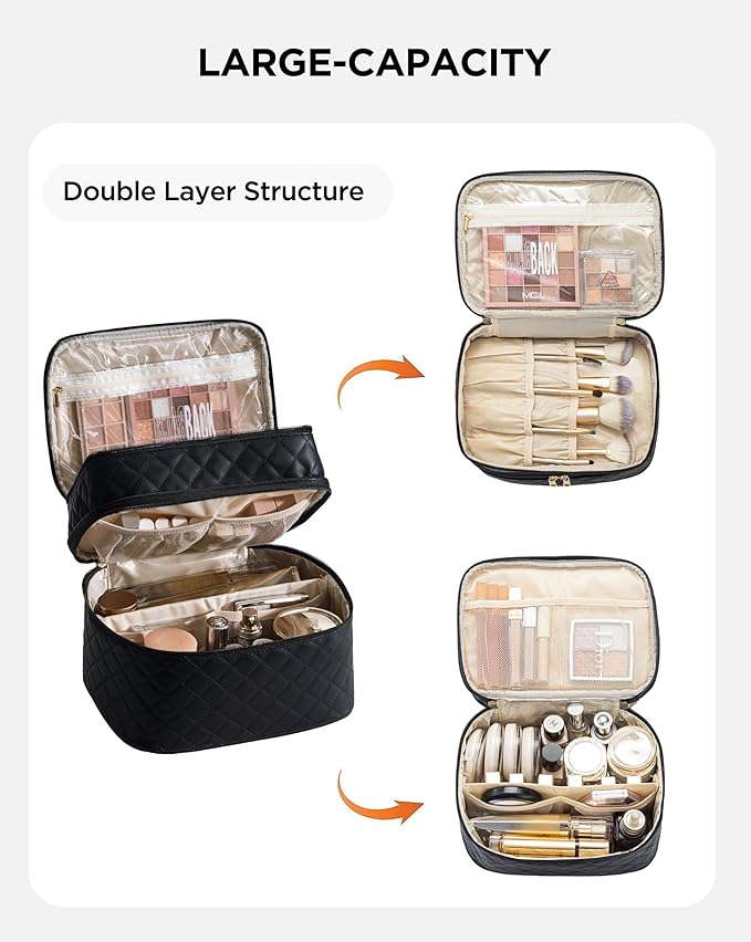 Makeup Bag for Women X-Large Travel Makeup Bag Organizer Portable Toiletry Bag Cute Makeup Bags Waterproof Leather Cosmetic Bag Makeup Case with Removable Dividers, Lattice Black