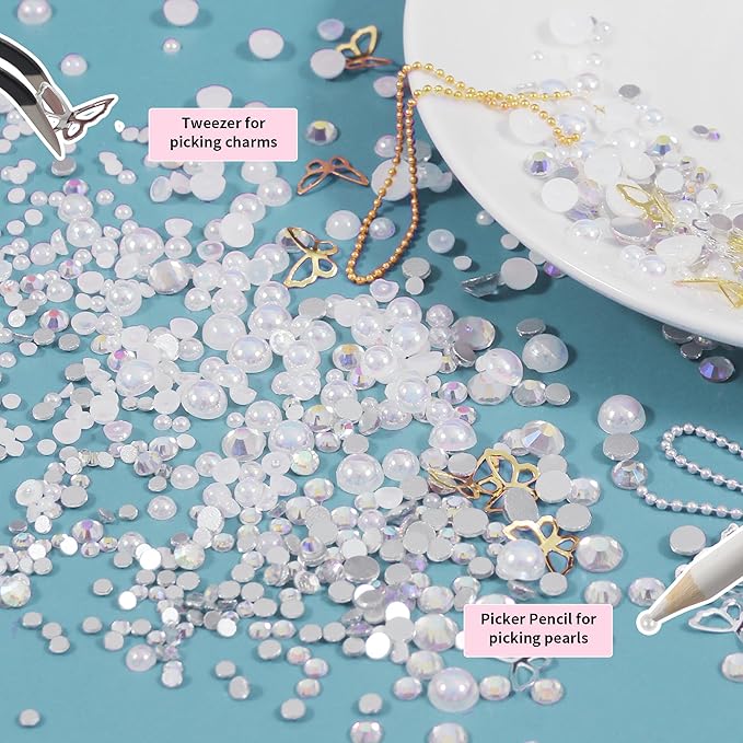 Artdone Nail Art Studs Kit, 2 boxes Multicolor 3D Charms Flower Butterfly Snake Rabbit Diamond Cute Nail Jewels for DIY Decoration with Pickup Tools