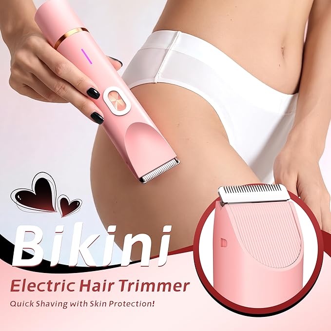 2-in-1 Women’s Electric Razor & Bikini Trimmer - Painless Pubic Hair Shaver, IPX7 Waterproof Wet/Dry Use for Bikini Area, Legs, Face, Underarms (Pink)