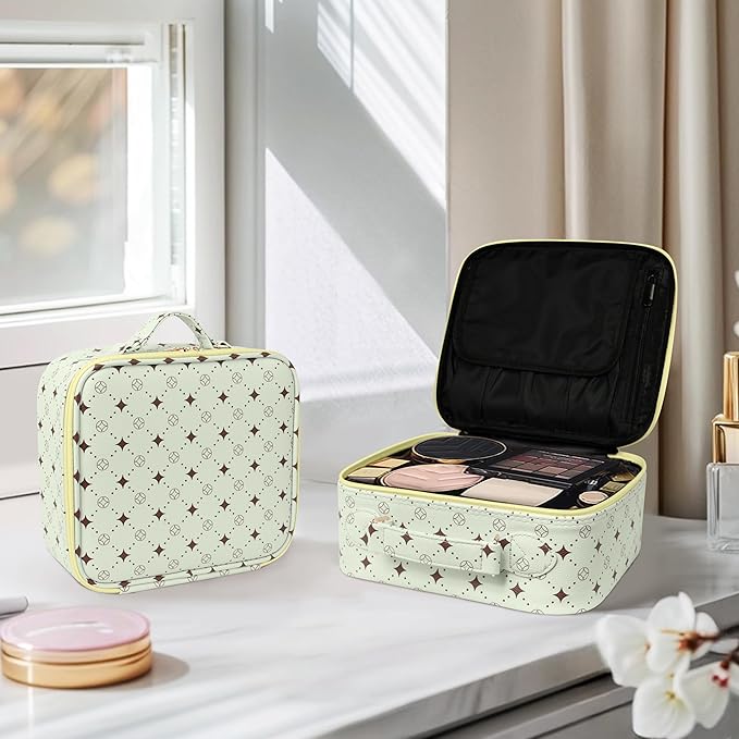 Travel Makeup Bag,Waterproof Cosmetic Organizer, Adjustable Dividers,Portability Cosmetic Train Case,Makeup organizer,Gift for Women,Girls Gift (Green+Yello)