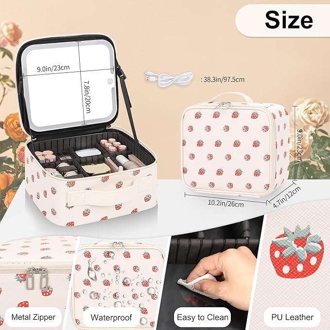 Makeup Bag With LED Mirror, Travel Makeup Case with Light up Mirror Fashion Cute Cosmetic Bag with 3 Color Lighted Portable Organizer Case with Adjustable Dividers （Strawberry/Beige,Small）