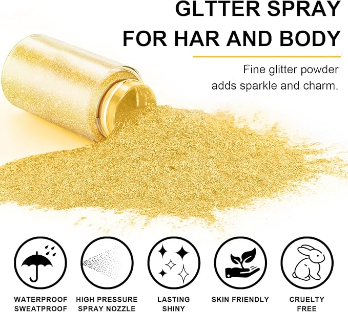 Hair and Body Glitter Spray, 1PC Gold Hair Glitter Extra Fine Face Shimmer Powder for Clothes, Festival Loose Sparkle Powder for Rave Clothes Nail Art Easter Halloween Crafts (Gold)
