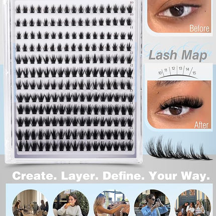 Natural Hybrid Lash Clusters 10-15MM Cluster Lashes Fluffy Eyelash Extensions Wispy Faux Mink Lashes Clusters Soft Individual Lashes 204Pcs Eyelash Clusters D Curve DIY Lashes Clusters