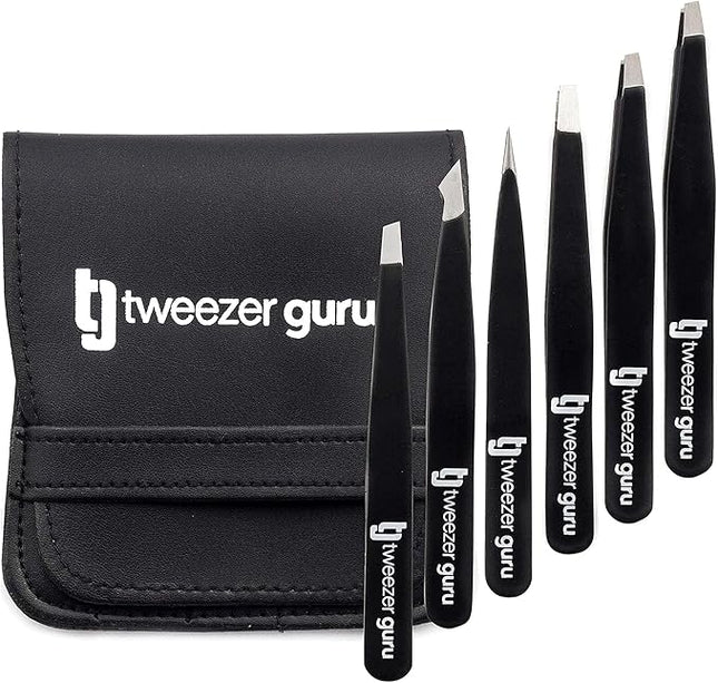Tweezer Guru Eyebrow Tweezer Set for Women & Men - Professional Slant and Pointed Tweezers Set with Case - Precision Tweezers Kit for Facial Hair, Splinter and Ingrown Hair Removal (6 Pack)