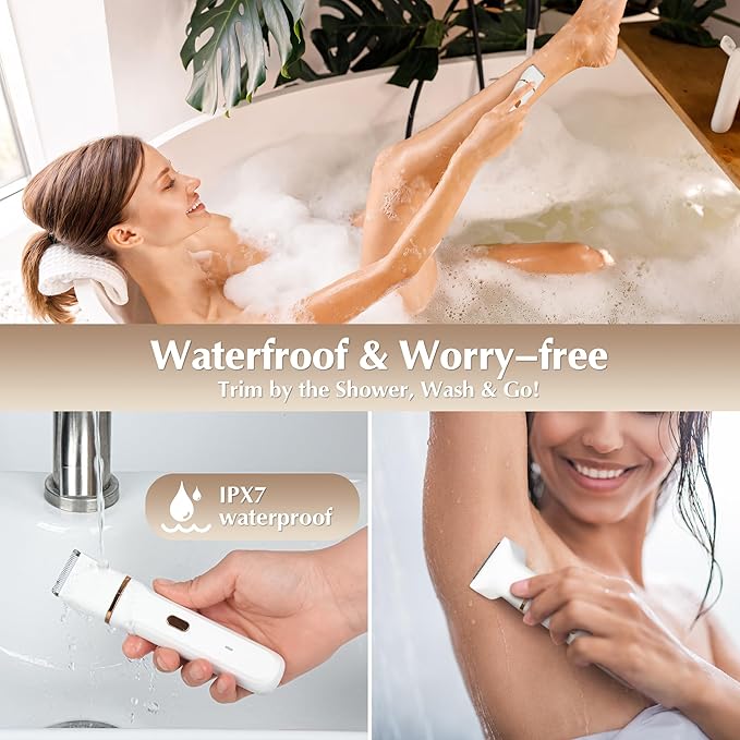 Electric Bikini Trimmer for Women - 5 in 1 Rechargeable Electric Razors for Women, IPX7 Waterproof Pubic Hair Trimmer, Painless Womens Body Shaver, Facial Razor & Nose Hair Shaver, White
