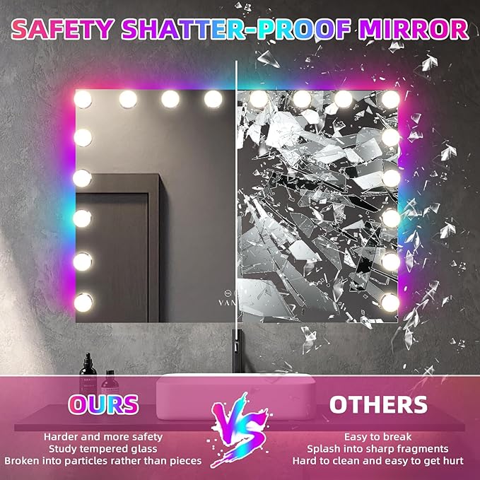 VANITII Vanity Mirror with RGB Lights 32"x23" Hollywood Makeup Mirror with 18 Dimmable Bulbs Lighted Vanity Mirror with Smart Touch for Bedroom Dressing Room
