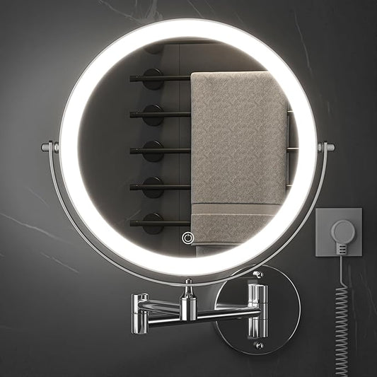Hasipu 8.5-Inch Wall Mounted Makeup Mirror with Magnification, Rechargeable 2000 mAh Vanity Mirror with Lights, Bathroom Mirror with Dimmable Brightness, 3 Lighting Modes, Extendable Arm, Chrome