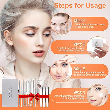 Pimple Popper Tool Kit, IUMAKEVP 15 PCS Professional Stainless Steel Blackhead Remover Comedone Extractor Tools for Removing Zit on Face - Acne Removal Kit with Metal Case (Silver)
