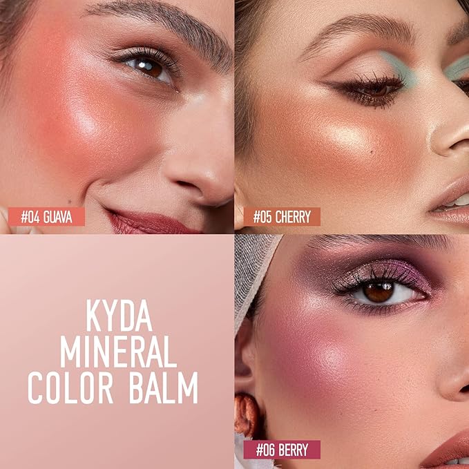 KYDA 3 Colors Mineral Color Balm, SPF 35, Buildable Shimmer Color for Lip and Cheek, Shimmer Cream Blush Stick, Lightweight Blendable, Multiuse Makeup Balm, GUAVA+CHERRY+BERRY