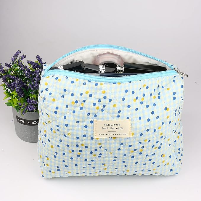VIWIME Makeup Cosmetic Bag, Large Cotton Quilted Travel Coquette Aesthetic Cute Floral Make up Bag for Women Toiletry Bag Organizer(Blue Point/2Pcs)