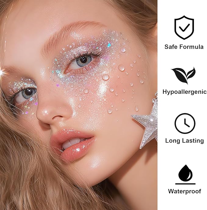 Face Body Glitter Paint Set for Women and Kids, White Pink Blue Holographic Mermaid Sequins Chunky Glitter Makeup for Music Festival Rave Accessories, Easter, Wedding, Valentine, Prom