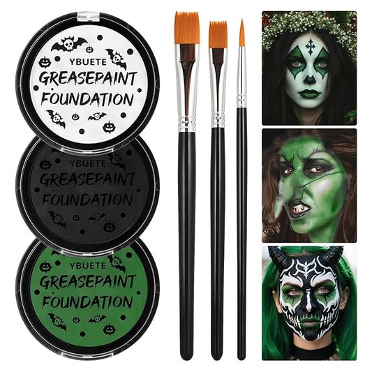 Green White Black Oil Based Face Paint Kit with Painting Brushes, Professional Greasepaint Halloween Face Painting Kit for Adult Cosplay Hulk Witch Shrek Grinch Makeup Costume Party