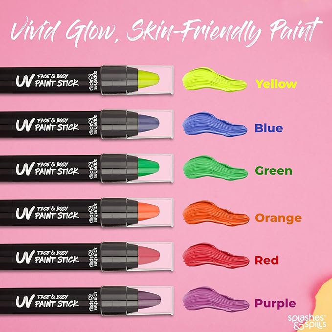 Splashes & Spills UV Face and Body Paint Sticks - UV Body Paint, UV Face Paint for Costume, Cosplay, Theater, Club - Glows Under UV Light - Black Light Paint For All Skin Types (6 Colors)