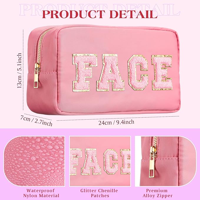 Cunno 4 Pcs Preppy Makeup Bags Chenille Letter Stuff Bag Nylon Cosmetic Pouch Cases with Zipper for Women Travel Toiletry