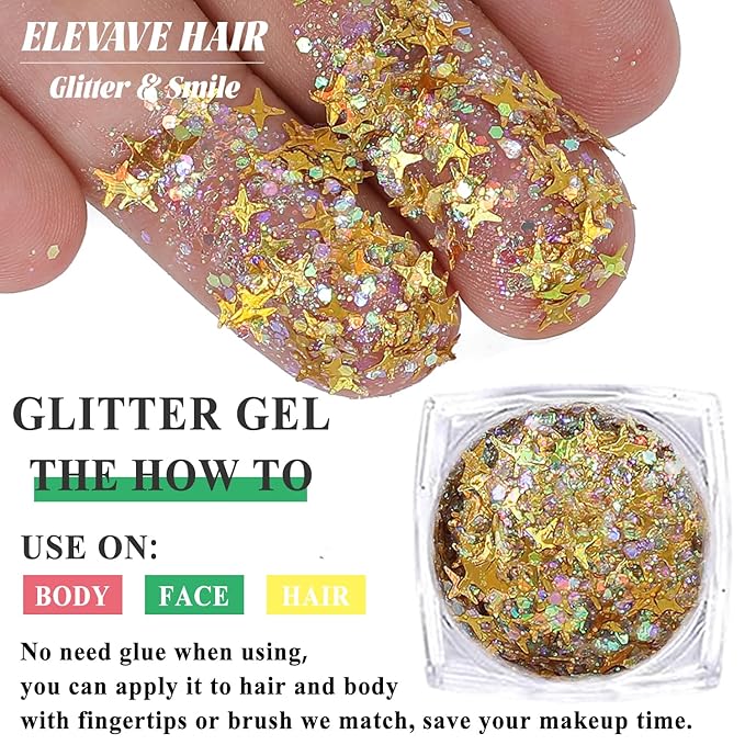 Body Glitter Face Glitter, Hair Glitter for Kids, 12 Shapes Fine Chunky Glitter Gel for Women Girls Makeup Sparkles Party Mermaid Sequins Rave Accessories Singer Concerts Festival (Gold Scheme)