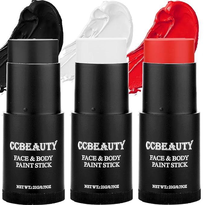 CCBeauty Halloween Clown Makeup Kit, White Black Red Face Body Paint Stick, Cream Skeleton Joker Skull Mime Foundation Makeup, Hypoallergenic Face Painting Set for SFX Cosplay Costume Party