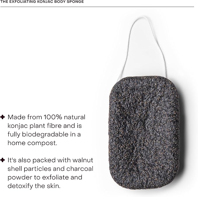 The Exfoliating Konjac Body Sponge, Natural, Reusable, Compostable Bath Sponge for Sensitive Skin, Charcoal Cleansing, 60+ Uses, 1 Each