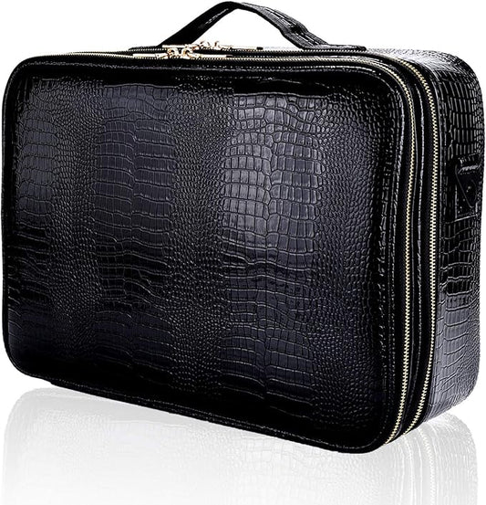 JOURMON Travel Makeup Case Portable Makeup Train Case Organizer Cosmetic Bag with Adjustable Dividers and Shoulder Strap for Makeup Brushes Toiletry Travel Accessories(Crocodile Pattern Black, L)