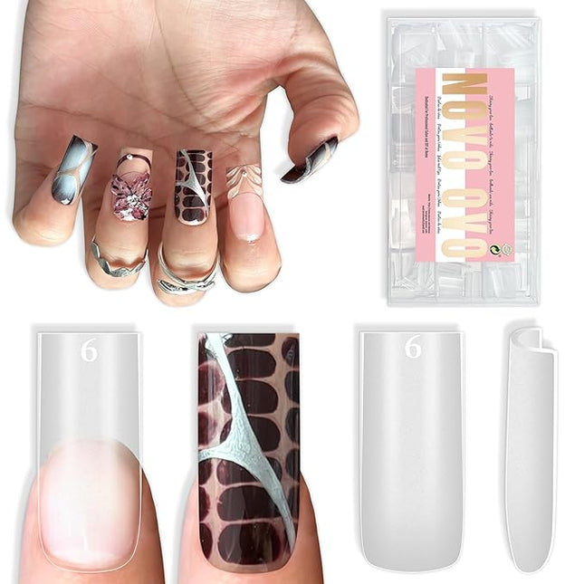 NOVO OVO Sharp Square Medium Nail Tips Press on, Natural (Not Sculpted) No C Curve Soft Gel Double Matte Clear Fake Nail Extension,Full Cover False Nails for Salon DIY Manicure x 15 Sizes 450 pcs