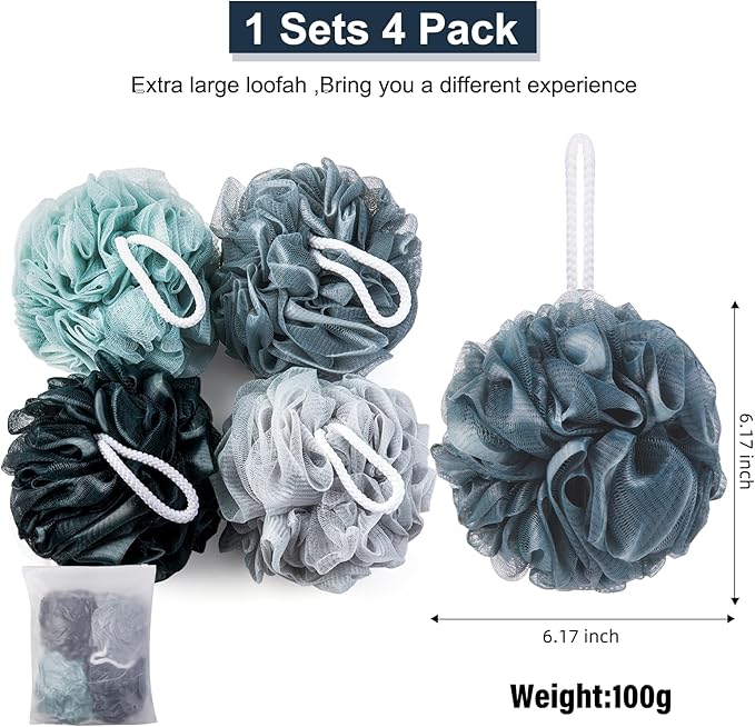 Loofah Sponge XXL-100g 4 Pack, Bath Sponge Soft Mesh Shower Puff Loofah for Men, Exfoliating Body Scrubber for Women, Shower Accessories (Blue Gray)